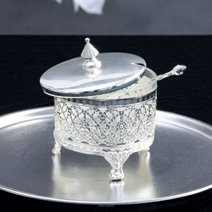 Cukiernica posrebrzana z łyżeczką wysokość 11 cm SILBER