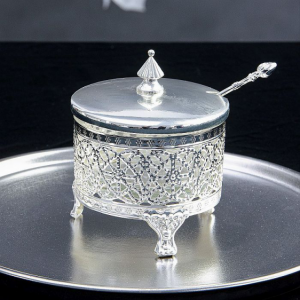 Cukiernica posrebrzana z łyżeczką wysokość 11 cm SILBER